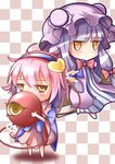  324cm alternate_eye_color blouse bow checkered checkered_background chibi covering_mouth double_bun dress hair_bow hairband hat heart highres komeiji_satori long_hair looking_at_viewer mob_cap multiple_girls oversized_object patchouli_knowledge pink_hair purple_hair robe short_hair sidelocks simple_background skirt smile striped striped_dress third_eye touhou yellow_eyes 