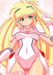  alternate_color blonde_hair choker covered_navel ginga_ojou-sama_densetsu_yuna gloves green_eyes kagurazaka_yuna leotard long_hair mecha_musume oborogumo_takamitsu pink_leotard smile solo white_leotard 