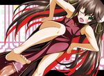  airando barefoot blush brown_hair censored chinese_clothes dark_penis fang feet footjob green_eyes hair_ribbon highres huang_lingyin infinite_stratos long_hair long_sleeves one_eye_closed open_mouth penis ribbon twintails 