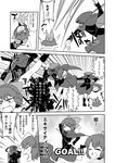  basketball bow cape closed_eyes comic disembodied_head dribbling football greyscale hair_bow highres jeno kicking monochrome open_mouth pose sekibanki severed_head shirt skirt smile soccer solo throwing touhou translation_request 