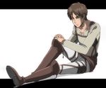  belt boots brown_hair eren_yeager giza_parte hands_on_own_knee highres letterboxed male_focus shingeki_no_kyojin short_hair sitting smile solo strap yellow_eyes 