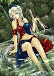  adapted_costume bare_shoulders blue_eyes breasts cleavage dacho hat long_hair medium_breasts navel open_mouth silver_hair sitting soaking_feet solo touhou very_long_hair water yagokoro_eirin 