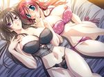  2girls aikawa_arisa aqua_eyes bed between_breasts black_hair blue_eyes blush bra breasts cleavage female game_cg glasses hadashi_shoujo hand_holding huge_breasts interlocked_fingers joi-san_no_iitsuke!! large_breasts lingerie long_hair looking_at_viewer lying midriff minagi_aya multiple_girls navel on_back osanai_utano panties pink_hair purple_eyes side-tie_panties smile underwear yuri 