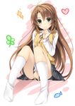  antenna_hair asahigaoka_school_uniform blush brown_hair clover covering covering_crotch diamond_(shape) fish four-leaf_clover frown full_body green_eyes hand_on_own_chin hand_on_own_face heart kaguyuu kneehighs koshigaya_komari long_hair long_sleeves looking_at_viewer neck_ribbon non_non_biyori pleated_skirt ribbon school_uniform sitting skirt skirt_tug solo sweatdrop sweater_vest vest white_background white_legwear 