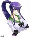  artist_name bow breasts busujima_saeko cleavage elbow_pads gloves haganef hair_over_one_eye high_ponytail highschool_of_the_dead large_breasts long_hair purple_eyes purple_hair school_uniform solo upper_body white_background 