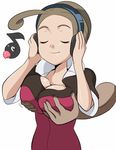  1girl ahoge breast_grab breasts brown_hair chatot cleavage closed_eyes deep_skin disembodied_limb gen_4_pokemon grabbing grabbing_from_behind groping headphones hetero large_breasts listening_to_music pansy_(pokemon) pokemon pokemon_(creature) pokemon_(game) pokemon_xy refuto smile solo_focus 