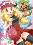  :d :o bag black_eyes black_legwear blonde_hair blue_eyes blush bow bracelet breasts chespin dedenne gen_6_pokemon hat jewelry long_hair low-tied_long_hair medium_breasts open_mouth panties pantyshot pantyshot_(standing) pokemoa pokemon pokemon_(creature) pokemon_(game) pokemon_xy serena_(pokemon) skirt smile standing sunglasses sylveon thighhighs underwear 