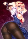  alice_margatroid arms_up ass black_legwear blonde_hair blue_eyes blush breasts breasts_outside capelet chain crotch_seam cuffs dress hairband handcuffs jin_nai large_breasts looking_at_viewer nipples open_clothes open_mouth panties panties_under_pantyhose pantyhose short_hair short_sleeves solo thighband_pantyhose touhou underwear 