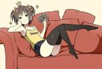 armpits ass bare_shoulders black_legwear blue_eyes brown_hair camisole chin_rest collarbone couch denim denim_shorts flat_chest hand_on_own_cheek leg_up money original short_hair shorts simple_background sky_(freedom) sky_(sky-freedom) smile solo thighhighs toe-point 