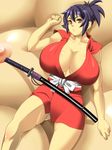  artist_request breasts cleavage huge_breasts japanese_clothes lying manyuu_chifusa manyuu_hikenchou purple_hair sword weapon 