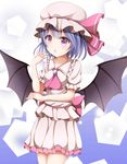  :o arm_up ascot bad_id bad_pixiv_id bat_wings blue_hair brooch elbow_rest gradient gradient_background hat hat_ribbon jewelry kuroganeruto lavender_eyes looking_at_viewer mob_cap remilia_scarlet ribbon short_hair skirt skirt_set solo touhou wings 