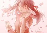  cherry_blossoms closed_eyes fate/stay_night fate_(series) hair_ribbon lonelyethyl long_hair matou_sakura monochrome namesake petals pink ribbon solo 