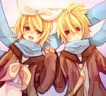  1girl :d bad_id bad_pixiv_id blue_eyes blush bow brother_and_sister gradient gradient_background hair_bow hair_ornament hairclip holding_hands jacket kagamine_len kagamine_rin long_sleeves looking_at_another namihaya necktie open_mouth scarf school_uniform short_hair siblings smile twins vocaloid 