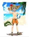  1boy aoto_gonzales_takuma ball beach blonde_hair blue_eyes blue_sky child cloud clouds flower flower_on_hat ginga_e_kickoff!! hat hat_flower indesign male_focus mekabu navel ocean outdoors palm_tree sand sandals short_hair sky solo standing straw_hat swimsuit tree 