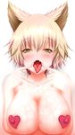  1girl animal_ears blush breasts brown_hair drooling female green_eyes heart heart-shaped_pupils large_breasts looking_at_viewer maeda_kousuke nude open_mouth saliva simple_background solo symbol-shaped_pupils teeth tongue tongue_out touhou white_background 