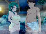  1boy 1girl bare_shoulders blush breasts censored cleavage erection futa_with_male futanari green_hair large_breasts long_hair lowres masturbation penis potato_house red_eyes smile testicles water zantei 