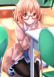  black_legwear blush brown_eyes brown_hair chair checkered checkered_floor frown glasses highres kneeling kuriyama_mirai kyoukai_no_kanata looking_at_viewer pantyhose red-framed_eyewear school school_uniform smile solo sweatdrop swordsouls table wooden_floor 