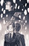  1girl back-to-back bad_id bad_pixiv_id bazett_fraga_mcremitz emiya_shirou fate/hollow_ataraxia fate/stay_night fate_(series) formal mole mole_under_eye monochrome necktie raglan_sleeves short_hair suit taa_(acid) 