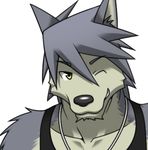  black_nose black_shirt canine clothing cute dog fur grey_fur grey_hair grin hair husky invalid_tag kouya kouya_aotsuki looking_at_viewer low_res male mammal morenatsu necklace one_eye_closed plain_background shirt solo tank_top unknown_artist white_background wink yellow_eyes 