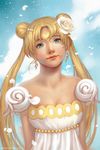  bare_shoulders bishoujo_senshi_sailor_moon blonde_hair crescent double_bun dress earrings facial_mark flower forehead_mark hair_ornament hairpin highres jewelry lips long_hair princess_serenity qinni rose solo strapless strapless_dress tsukino_usagi twintails white_dress white_flower white_rose 
