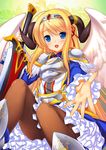  47agdragon angel_wings blue_eyes blush brown_legwear demon_horns dress frilled_dress frills horns long_hair long_sleeves open_mouth original outstretched_hand pantyhose smile solo sword weapon wings 