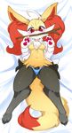  blush braixen breasts canine digitigrade female fennec fox hi_res lying mammal nintendo on_back on_bed panties pok&#233;mon pok&#233;morph pok&eacute;mon red_eyes shirt_unbuttoned slugbox solo underwear video_games wide_hips 