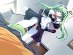  artist_request blue_eyes breasts character_request cleavage dutch_angle emupii_maid_promotion_master footjob galette green_hair homura_yukine maid palette panties smile source_request tamahiyo thighhighs twintails underwear 