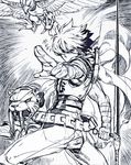  belt bird eagle hpa_(foolish_factory) male_focus marvel_vs._capcom mecha monochrome ninja plasma_sword robot sabertooth_cat scarf science_fiction sketch smilodon spiked_hair strider_(video_game) strider_hiryuu sword tetrapodal_mecha_panther tonfa weapon 