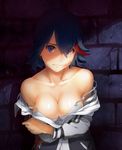  aconitea alley bad_id bad_pixiv_id black_hair blood blue_eyes bow bra breast_hold breasts bruise bruise_on_face cleavage collarbone face_slap_mark highres imminent_rape injury jacket kill_la_kill large_breasts long_sleeves matoi_ryuuko multicolored_hair off_shoulder red_hair reluctant scrape short_hair slap_mark solo strap_slip translucent_hair two-tone_hair underwear white_bra 
