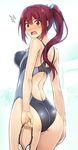  1girl ass back blush breasts competition_swimsuit d: free! from_behind goggles jpeg_artifacts looking_at_viewer looking_back matsuoka_gou medium_breasts one-piece_swimsuit open_mouth ponytail red_eyes red_hair solo surprised swimsuit yanagi_(tsukiakari) 