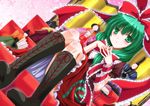  arm_ribbon boots bow cross-laced_footwear doll dress fingers_together front_ponytail green_eyes green_hair hair_bow kagiyama_hina knee_boots looking_at_viewer puffy_sleeves red_dress ribbon short_sleeves sitting solo touhou yamu_(reverse_noise) 