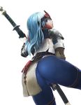  armor ass blue_eyes blue_hair bodysuit brave_(armor) cameltoe ichiba_youichi katana long_hair looking_at_viewer looking_back monster_hunter monster_hunter_4 simple_background solo sword weapon white_background 