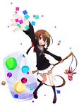  :d arm_up bow brown_hair hair_bow hammer koto_(colorcube) koto_(kyousougiga) kyousougiga long_hair open_mouth outstretched_arm ponytail red_eyes school_uniform serafuku smile solo 