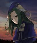  cape cloud dusk green_hair hat highres light_smile long_hair looking_at_viewer mima ribbon sketch sky solo sunset tamae_(pixiv40276) touhou touhou_(pc-98) wizard_hat yellow_eyes 