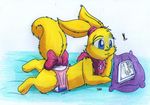  blue_eyes colored_pencil_(art) conejoblanco cub diaper female half-closed_eyes hand_on_chin mammal mixed_media necklace neopets on_stomach pen_(art) pillow rodent squirrel tablet tail_bow traditional_media usul young 