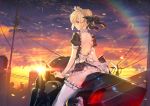  1girl artoria_pendragon_(all) artoria_pendragon_(swimsuit_rider_alter) ass back back_cutout blonde_hair city cloud fate/grand_order fate_(series) ground_vehicle hair_ribbon looking_at_viewer maid maid_headdress motor_vehicle motorcycle no_panties outdoors ribbon sitting sky solo sunset teddy_(khanshin) thighhighs utility_pole white_legwear yellow_eyes 