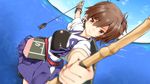  arrow blurry bow_(weapon) brown_eyes brown_hair depth_of_field fisheye foreshortening kaga_(kantai_collection) kantai_collection muneate perspective side_ponytail skirt solo water weapon yuto_(dialique) 