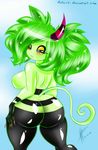  alien big_breasts big_butt blue_eyes breasts butt dullvivid female green_hair hair horn huge_butt looking_at_viewer looking_back sega side_boob solo sonic_(series) zeena zeti 