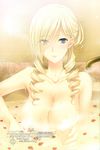  1girl bathing blonde_hair blue_eyes blush breasts celia_kumani_entory highres large_breasts long_hair nude official_art sitting smile solo steam walkure_romanze water wet 