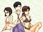  2girls arm_hug bikini black_eyes black_hair black_lagoon bob_cut brown_hair cigarette crossed_legs glasses hair_ornament hairclip hug li_xinlin long_hair multiple_girls necktie necktie_grab neckwear_grab nectarine_ring okajima_rokuro revy_(black_lagoon) short_hair sitting swimsuit tattoo waist_hug 