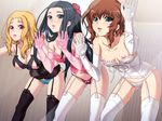  3girls against_glass areolae bent_over black_hair blonde_hair blush breasts brown_hair character_request covered_nipples erect_nipples game_cg garter_straps highres long_hair looking_at_viewer medium_breasts miyahara_suzu multiple_girls nipples panties pussy_juice saiminjutsu_3 segawa_tsubasa short_hair small_breasts thighhighs underwear wet yoshino_keiko 