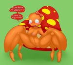  arthropod blush bow breasts claws elpatrixf english_text fangs female green_background grey_eyes insect mushroom nintendo nipples parasect pink_nipples plain_background pok&#233;mon pok&eacute;mon pussy solo text video_games white_eyes 