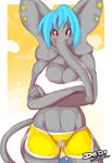  abstract_background blue_hair cleavage clothed clothing crop_top crossed_arms ear_piercing elephant female gray_body grey_body hair lionalliance looking_at_viewer mammal midriff navel piercing shorts smile solo thighs trunk 