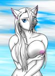  angel big_breasts blue_eyes breasts cat feline female gtoyaannno hair hair_over_eye holding_breasts long_hair looking_at_viewer mammal mericella nipples paws standing topless white_hair 