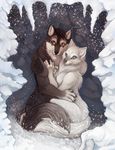  blue_eyes canine duo female fluffy_tail fur male mammal red_eyes samantha_robinson smile snow white_fur wolf 