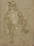  abs anthro balls biceps big_muscles big_penis claws crouching dragon erection fangs hair horn humanoid_penis macro male modem_redpill monochrome muscles nude pecs penis pose presenting raised_leg reptile scales scalie sepia sheath slit solo standing teeth toe_claws 