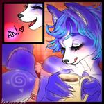  beverage black_nose blue_fur blue_hair canine coffee drink english_text eyes_closed fox fur hair krystal lingerie luminosion mammal nintendo open_mouth star_fox text tongue tongue_out video_games white_fur white_markings 