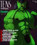  abs anthro balls biceps big_muscles big_penis black_dragon black_nipples chinese_dragon donryu dragon dramon fur green_dragon green_fur half-erect hand_on_hip horn humanoid_penis looking_at_viewer magazine magazine_cover male muscles necklace nipples nude pecs penis pose scalie sheath solo standing text toned yellow_eyes 