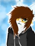  blue_eyes blue_tongue brown_hair canine cat clothing digital_media_(art) drawstring facial_markings feline female fox hair hair_over_eye happy head_tilted hoodie lexii lexii_(character) mammal markings piercing plain_background smile snake_bites solo teenager 