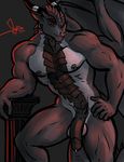  abs anthro balls bgn biceps big_muscles black_dragon black_horns don dragon erection facial_piercing genital_piercing half-erect handsome looking_at_viewer male muscles nipple_piercing nipples nose_piercing nose_ring nude pecs penis penis_piercing piercing plain_background pose prince_albert red_eyes solo standing 